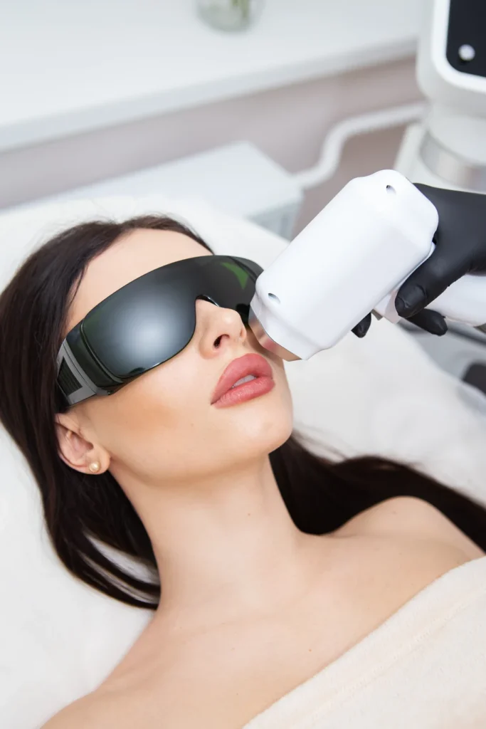 Etherea CP process-laser-hair-removal-female-body-professional-cosmetology-epilation-face-upper-lip-area-girl-goggles-body-care-concept
