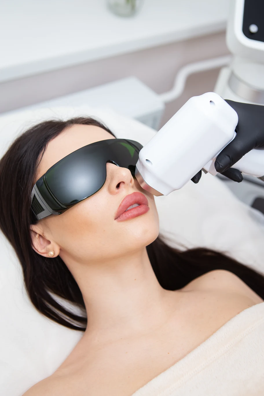 Etherea CP process-laser-hair-removal-female-body-professional-cosmetology-epilation-face-upper-lip-area-girl-goggles-body-care-concept