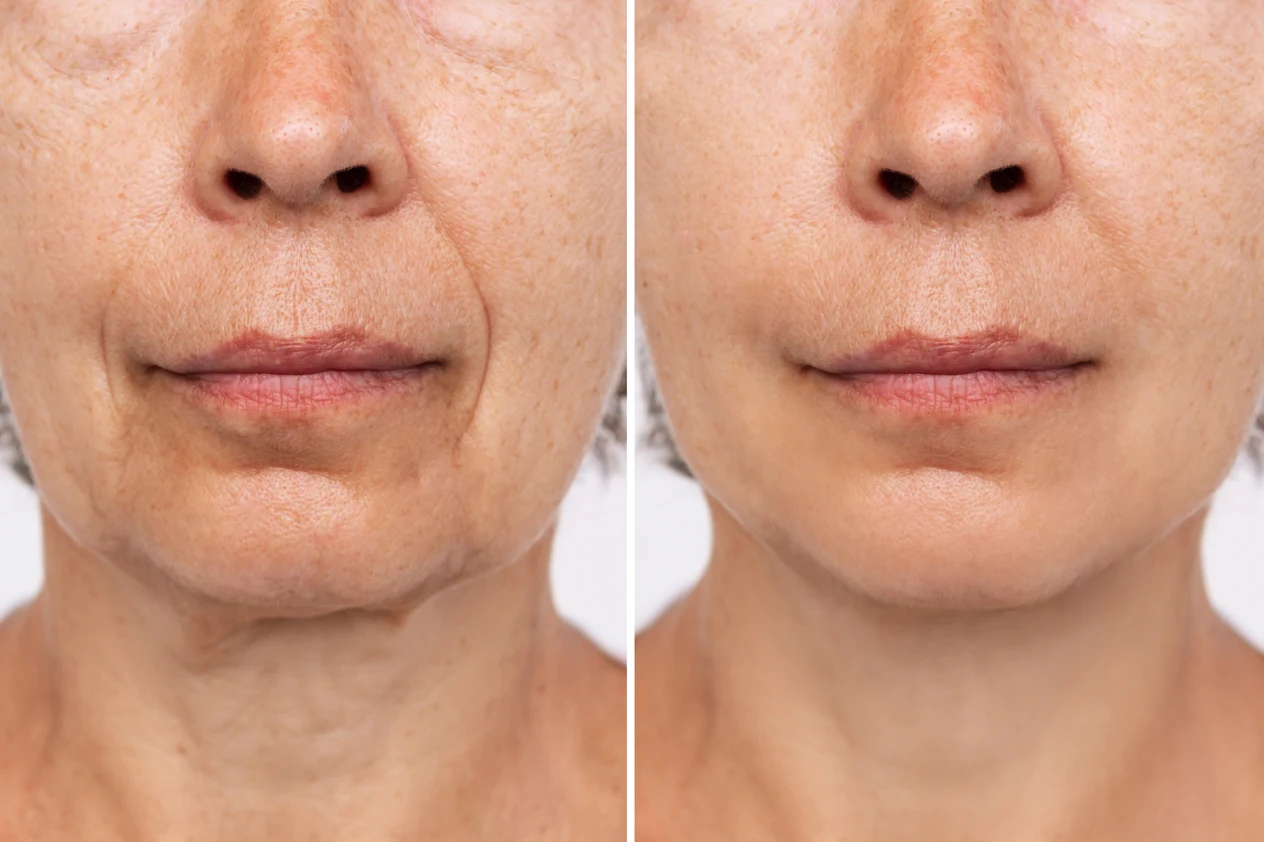 Preenchimento com Ácido Hialurônico - lower-part-face-neck-elderly-woman-with-signs-skin-aging-before-after-plastic-surgery